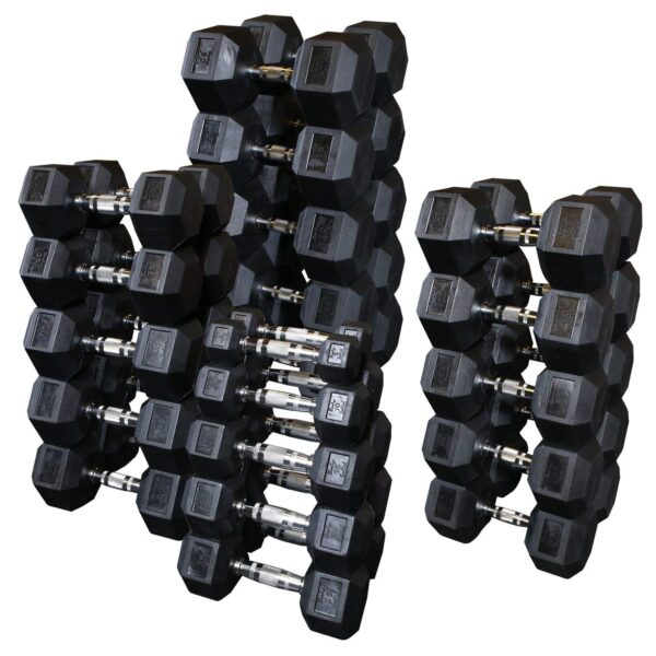 Commercial 5-100lb Rubber Hex Dumbbell Set with Contoured Handles For Sale