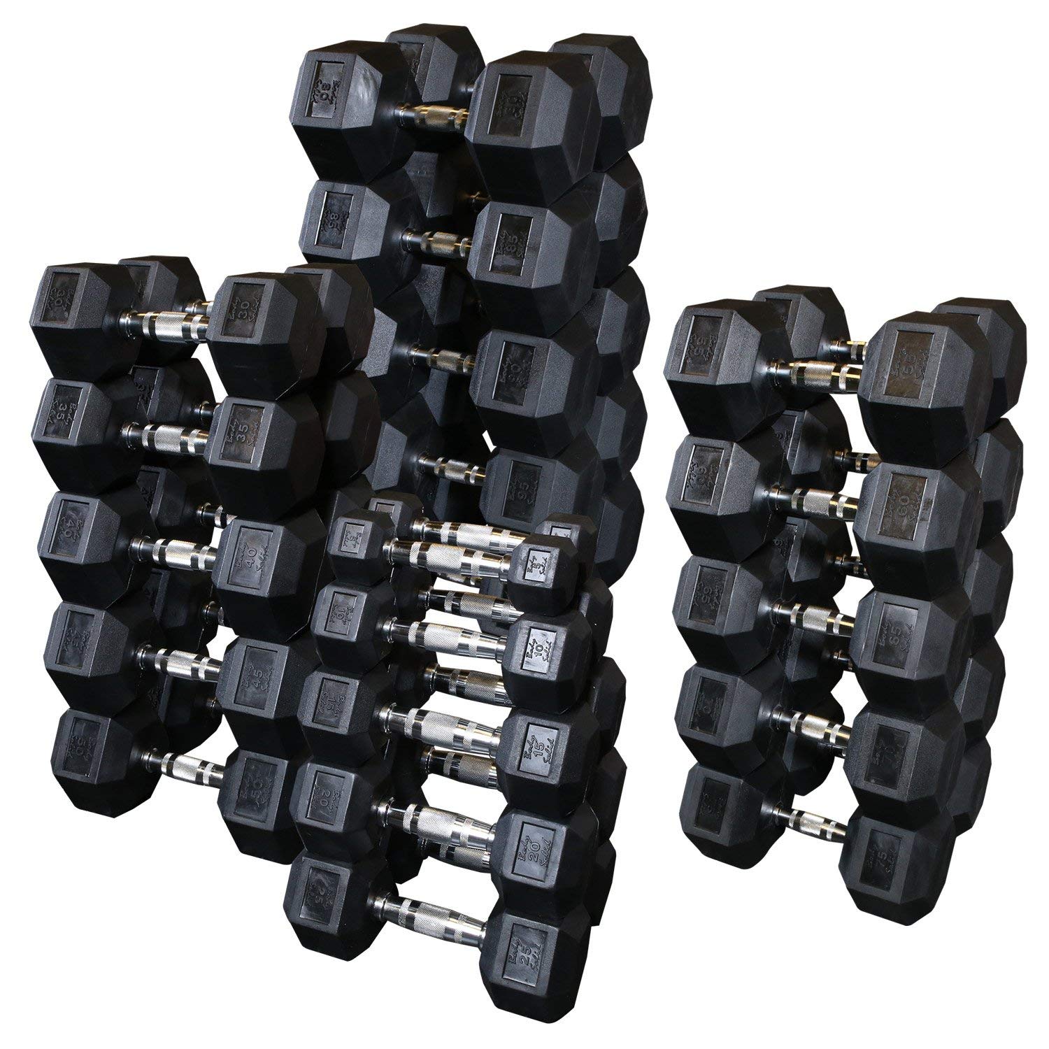 Commercial 5-100lb Rubber Hex Dumbbell Set with Contoured Handles For Sale