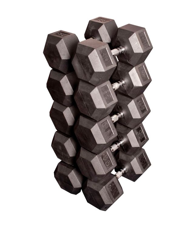 Commercial 80 - 100lb Rubber Hex Dumbbell Set For Sale