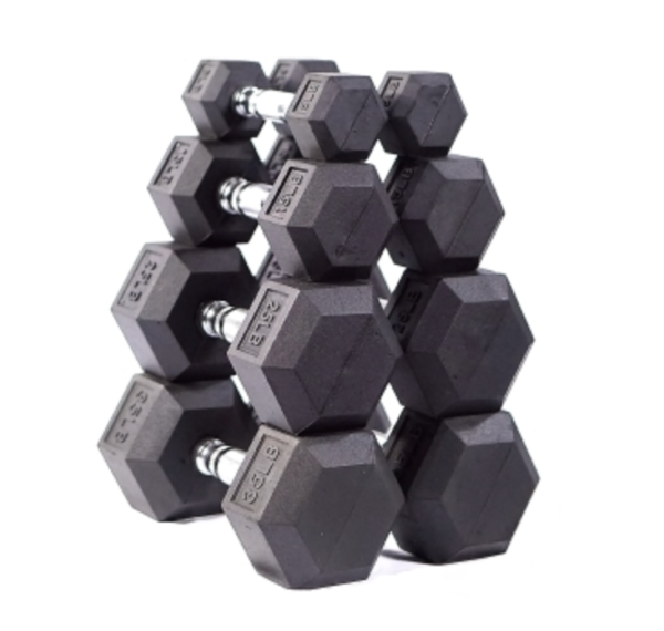 New 5-50 lbs Rubber Hex Dumbbell Set (Commercial Quality) For Sale
