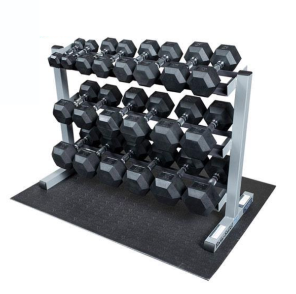 Rubber Hex 5-50lb Commercial Dumbbell Package with Tiered Rack & Mat (New 2024) For Sale